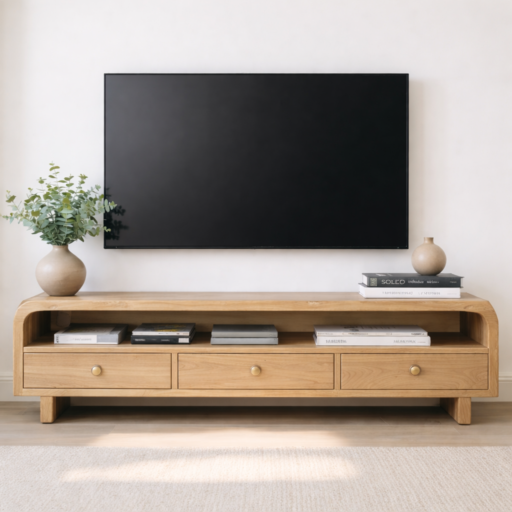 Mid Century Walnut TV Stand with Drawers – Solid Wood Media Console Cabinet