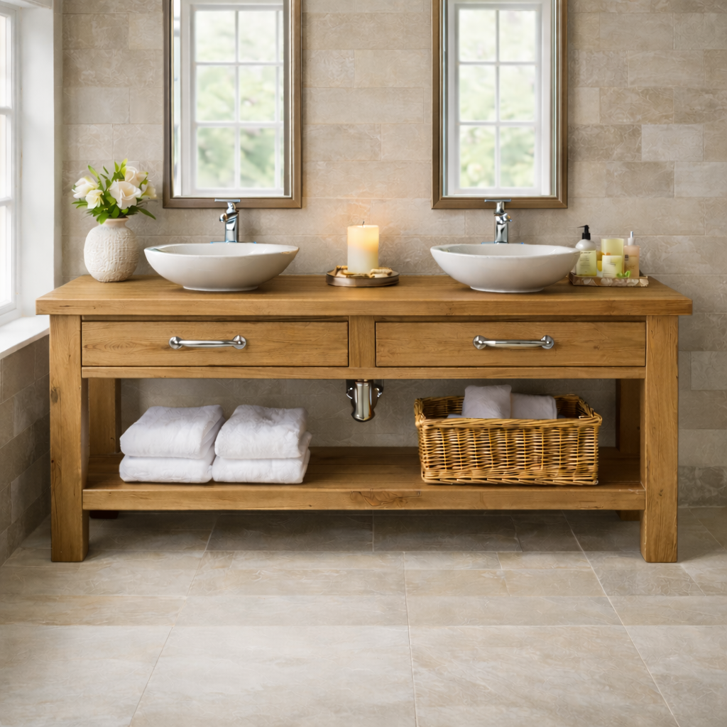 Solid Wood Double Bathroom Vanity with Drawers and Open Shelf Storage