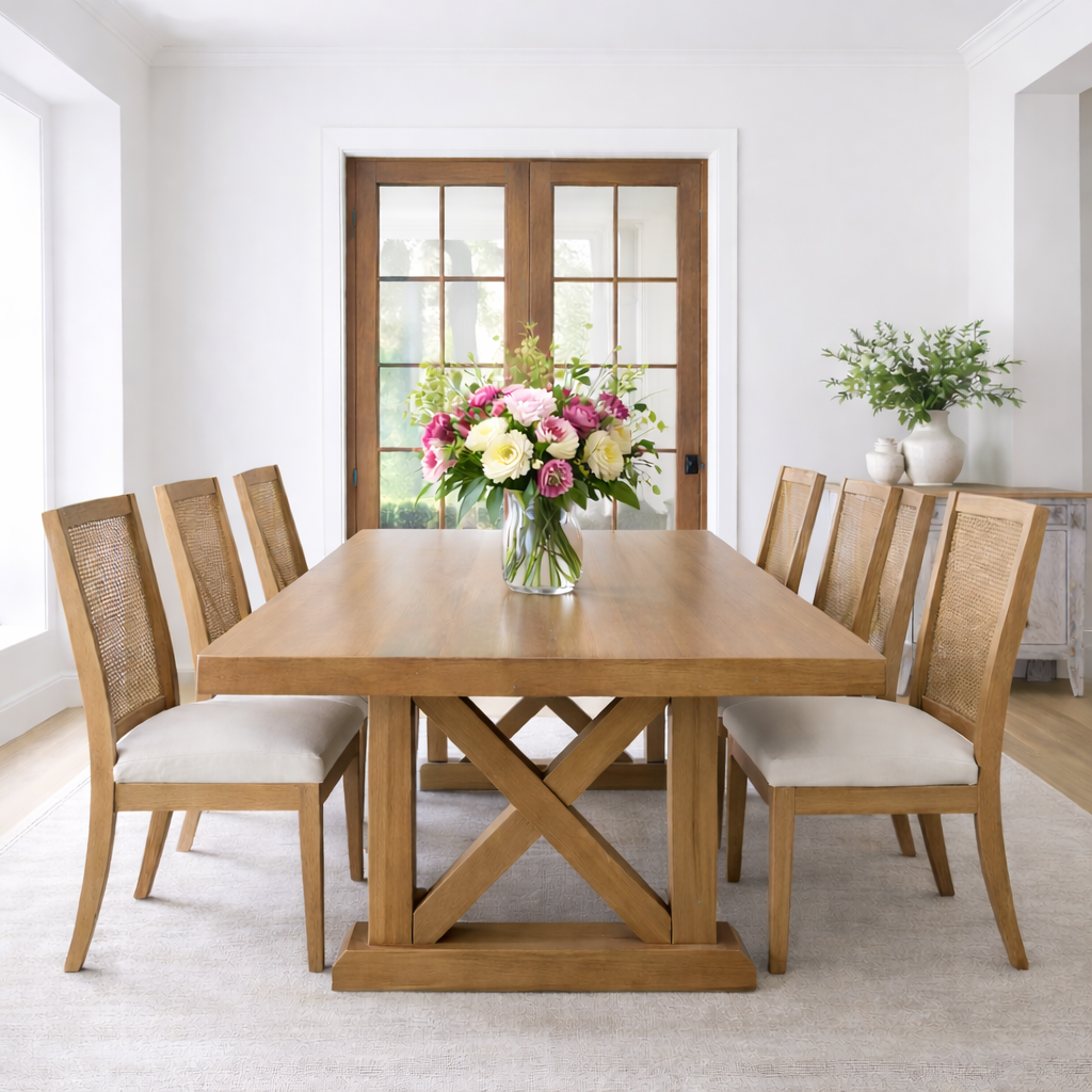 Solid Wood Dining Table with X-Base Farmhouse Style