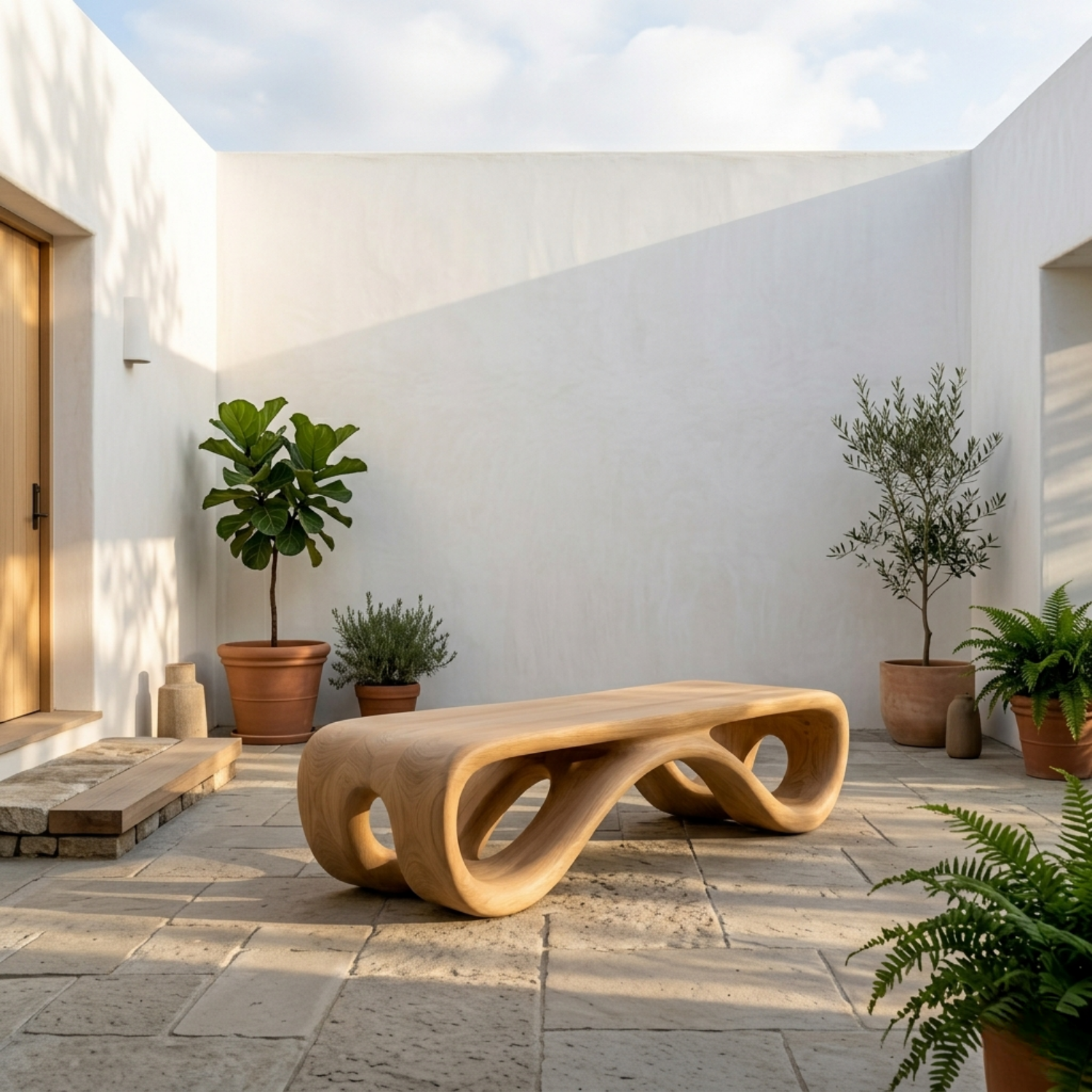 Handcrafted Solid Wood Outdoor Bench Sculptural Curved Base Organic Modern Minimal Design