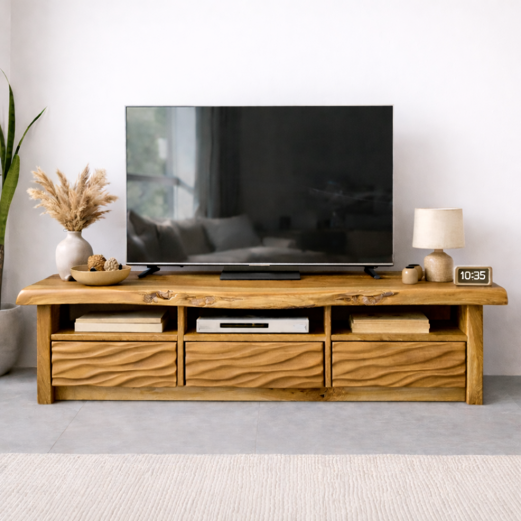 Natural Solid Oak TV Stand with Wavy Drawer Fronts, Rustic Media Console for Living Room