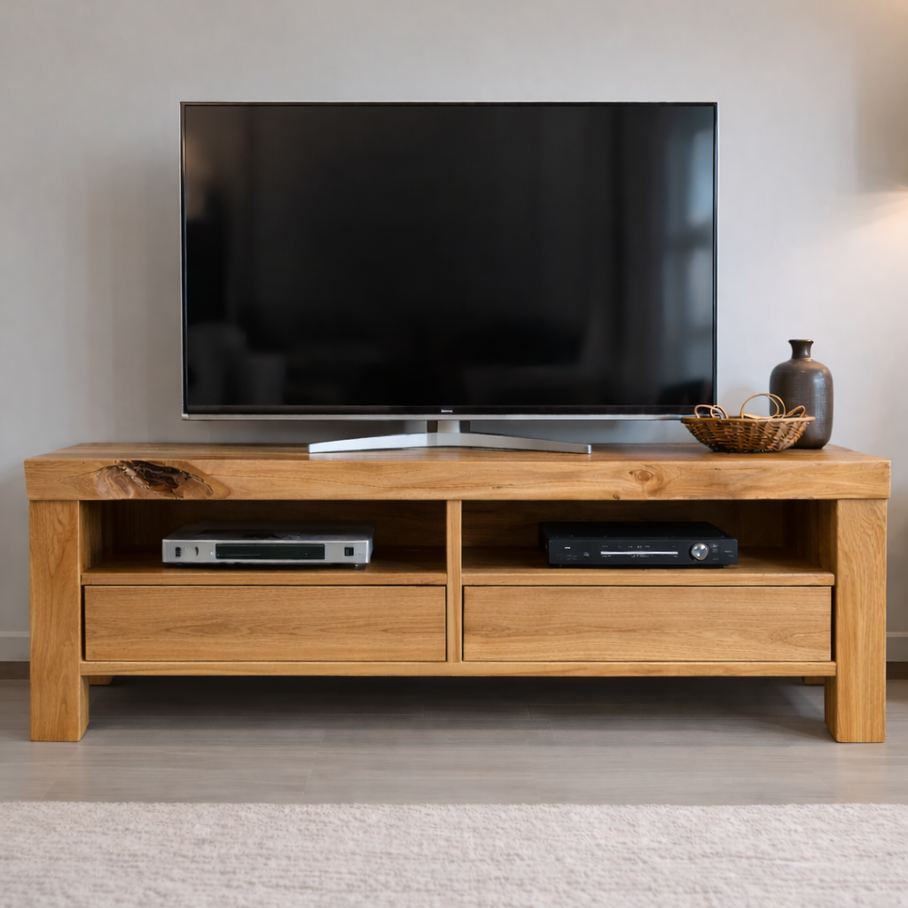 Rustic Solid Wood TV Stand with Natural Live Edge, Storage Drawers and Open Shelves