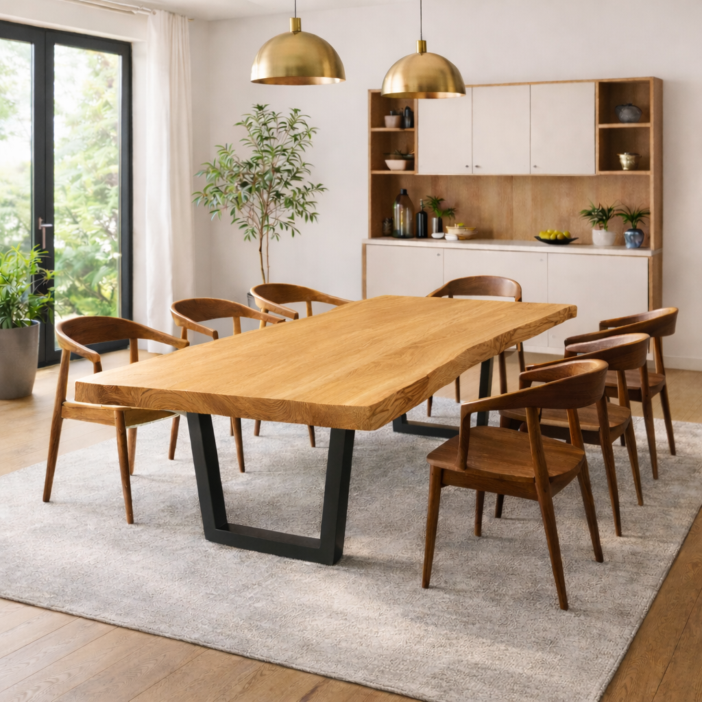 Modern Solid Walnut Dining Table with Black U-Shaped Steel Legs for Minimalist Interiors