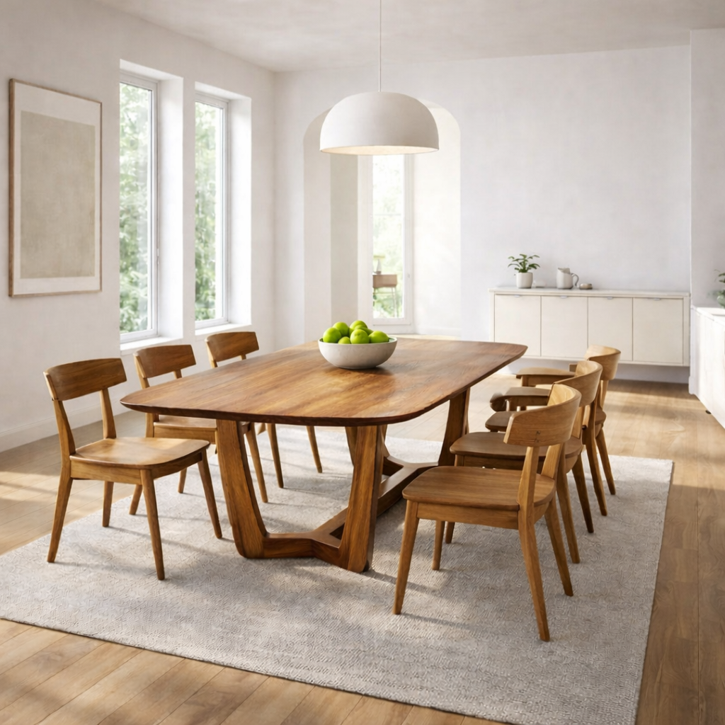 Solid Wood Rectangular Dining Table with Sculptural Base – Modern Rustic Wooden Dining Table