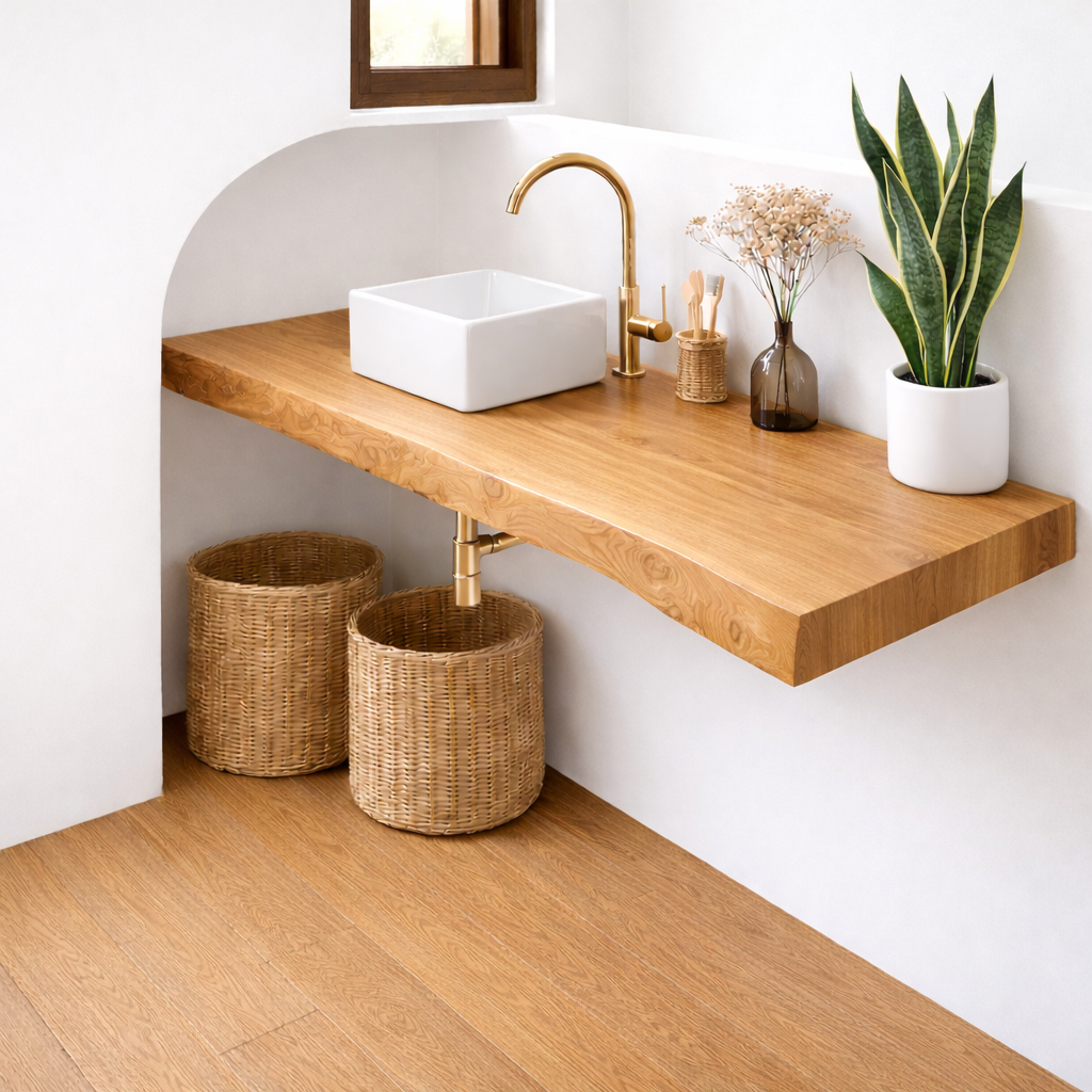 Floating Solid Wood Bathroom Vanity with Live Edge Top and Vessel Sink – Wall Mounted Vanity