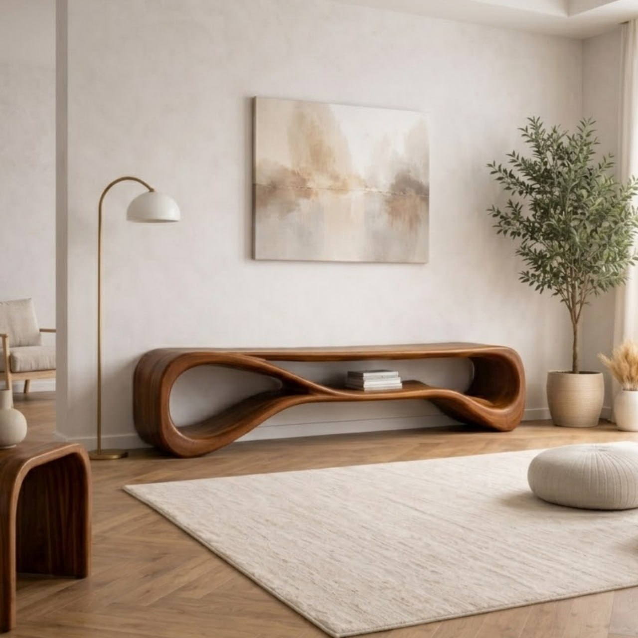 Solid Wood Entryway Bench with Sculptural Wave Design and Open Shelf Storage