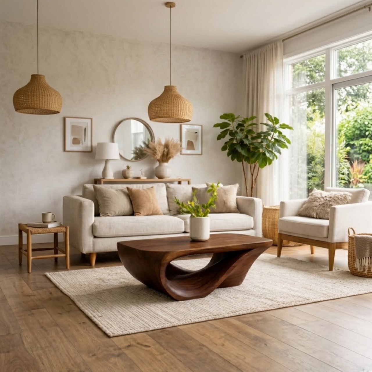 Solid Wood Coffee Table with Sculptural Organic Base and Hand-Carved Curved Design