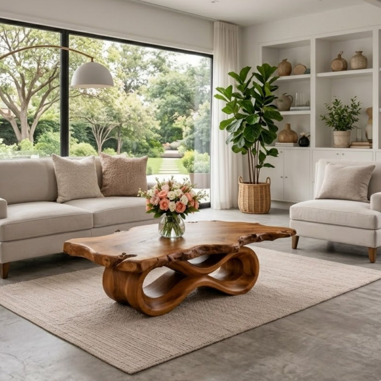 Solid Wood Live Edge Coffee Table with Sculptural Wave Base and Organic Design