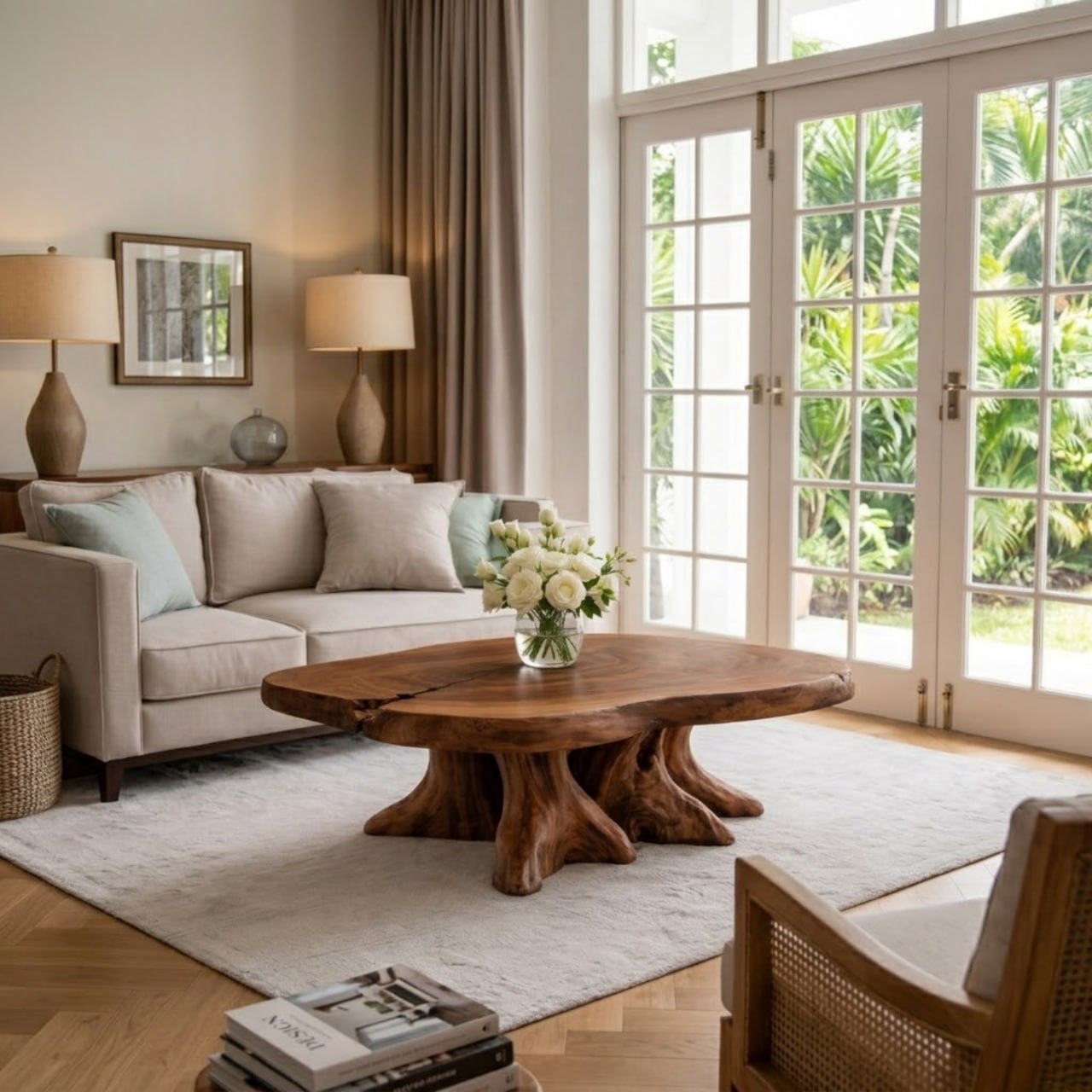 Solid Wood Live Edge Coffee Table with Tree Root Base and Natural Rustic Design