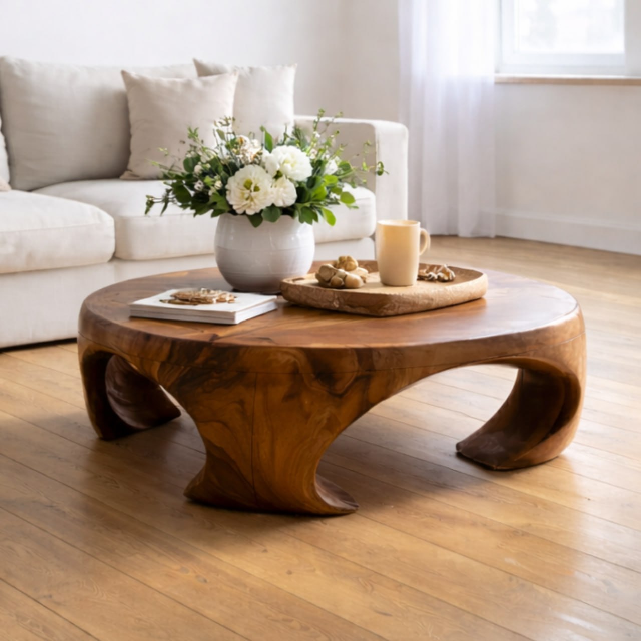 Solid Wood Round Coffee Table with Sculptural Curved Base and Organic Design