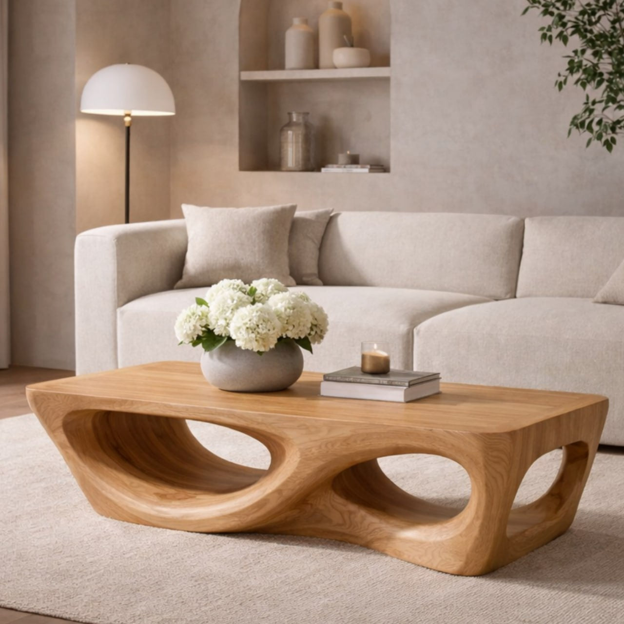 Solid Wood Coffee Table with Sculptural Hollow Base and Organic Curved Design