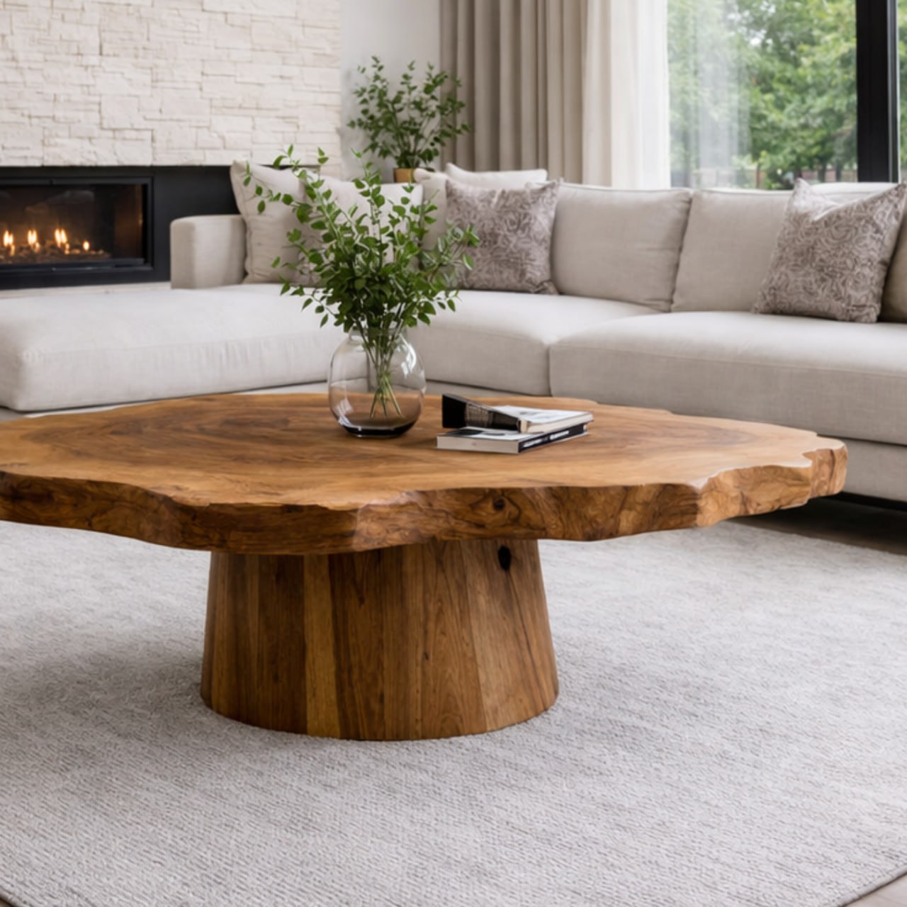Solid Wood Live Edge Coffee Table with Round Pedestal Base and Natural Grain