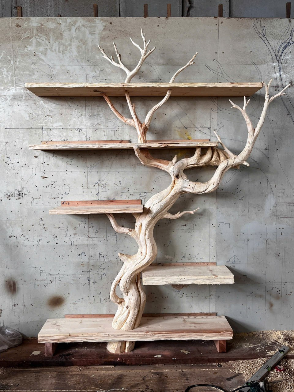 Handcrafted Solid Wood Tree Room Divider Bookshelf with Floating Shelves