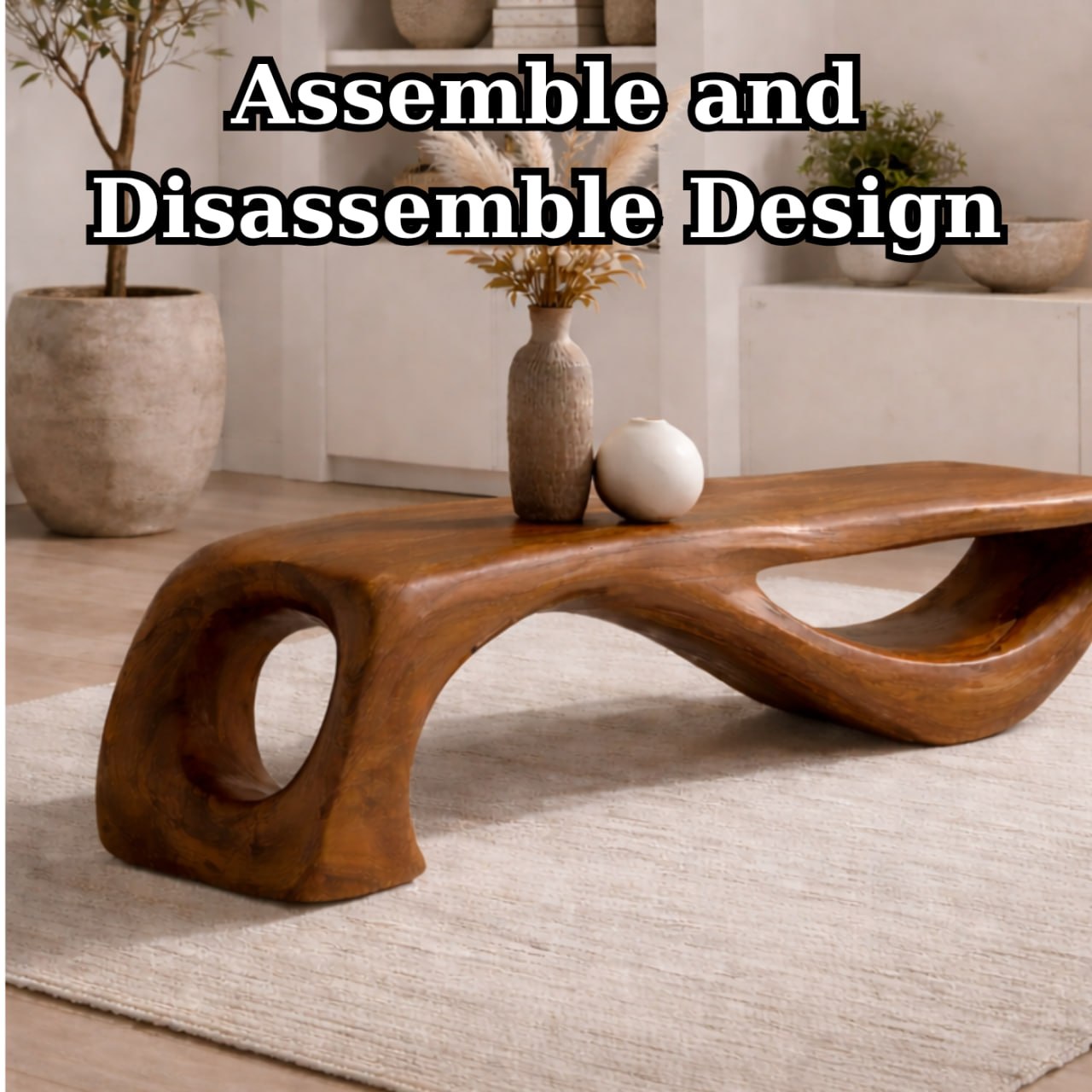 Solid Wood Sculptural Bench with Organic Curved Base and Hand-Carved Flowing Design