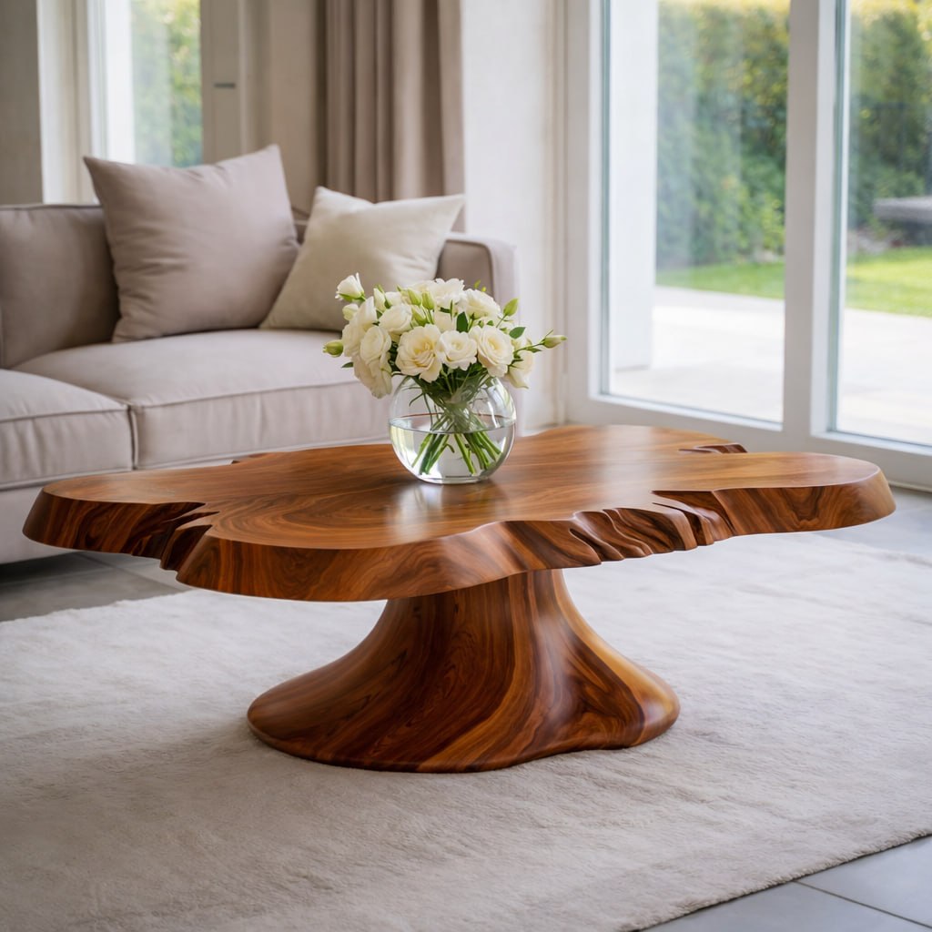 Solid Wood Live Edge Coffee Table with Sculptural Pedestal Base and Organic Form