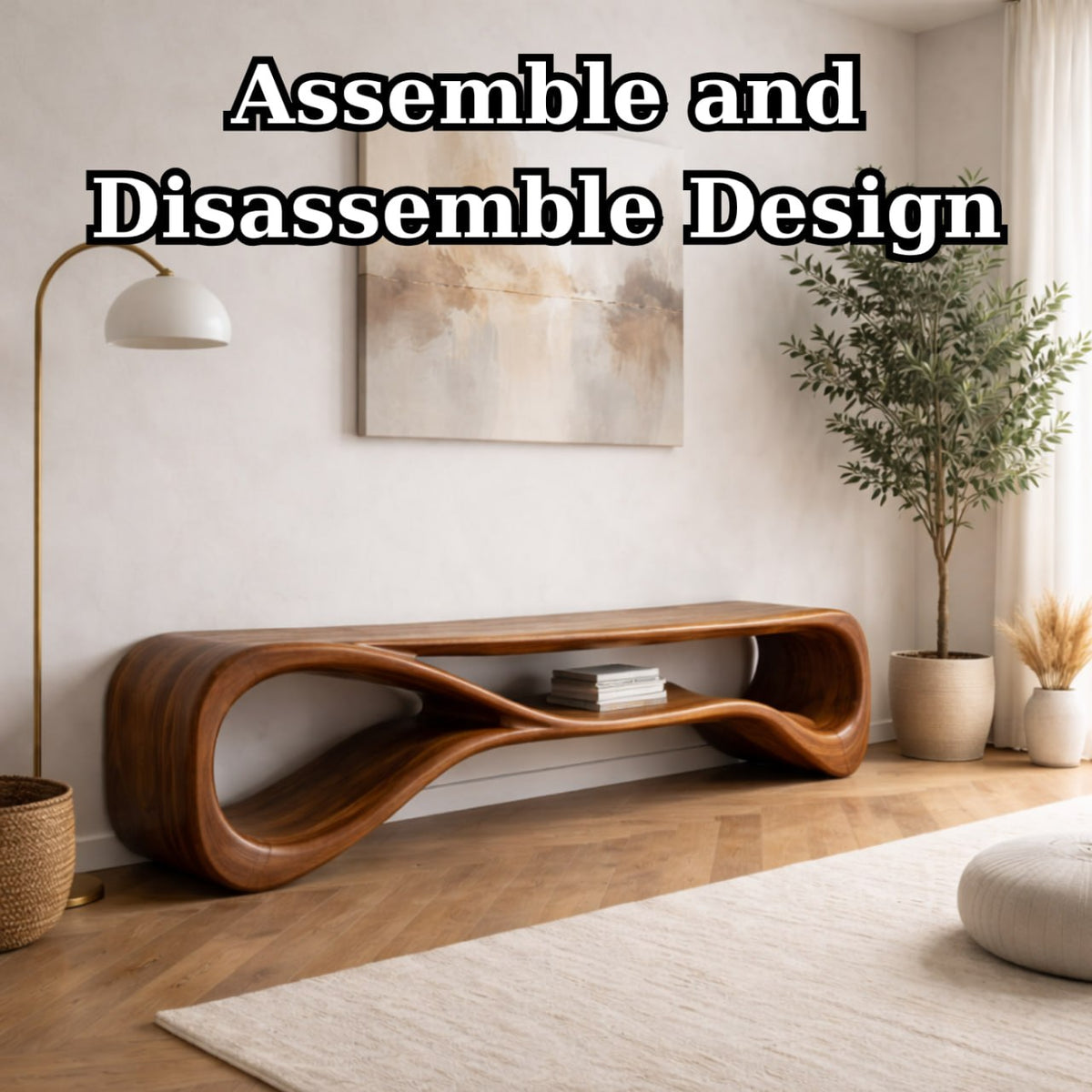 Solid Wood Entryway Bench with Sculptural Wave Design and Open Shelf Storage