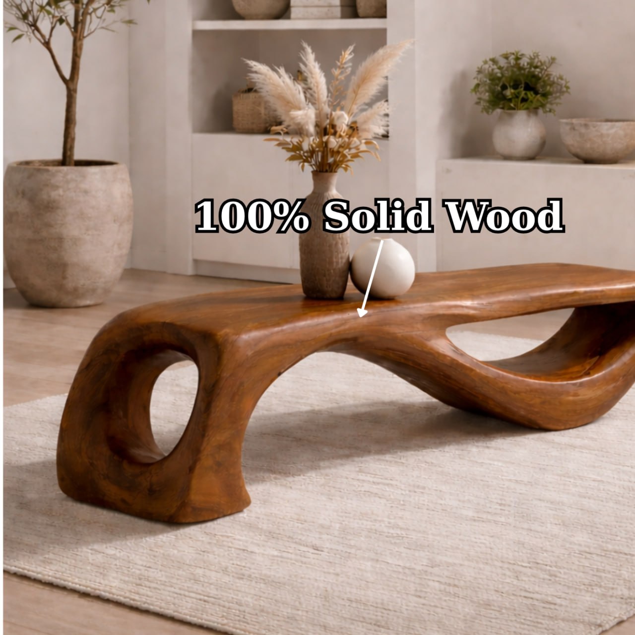 Solid Wood Sculptural Bench with Organic Curved Base and Hand-Carved Flowing Design