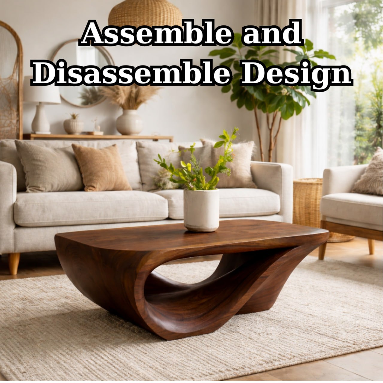 Solid Wood Coffee Table with Sculptural Organic Base and Hand-Carved Curved Design