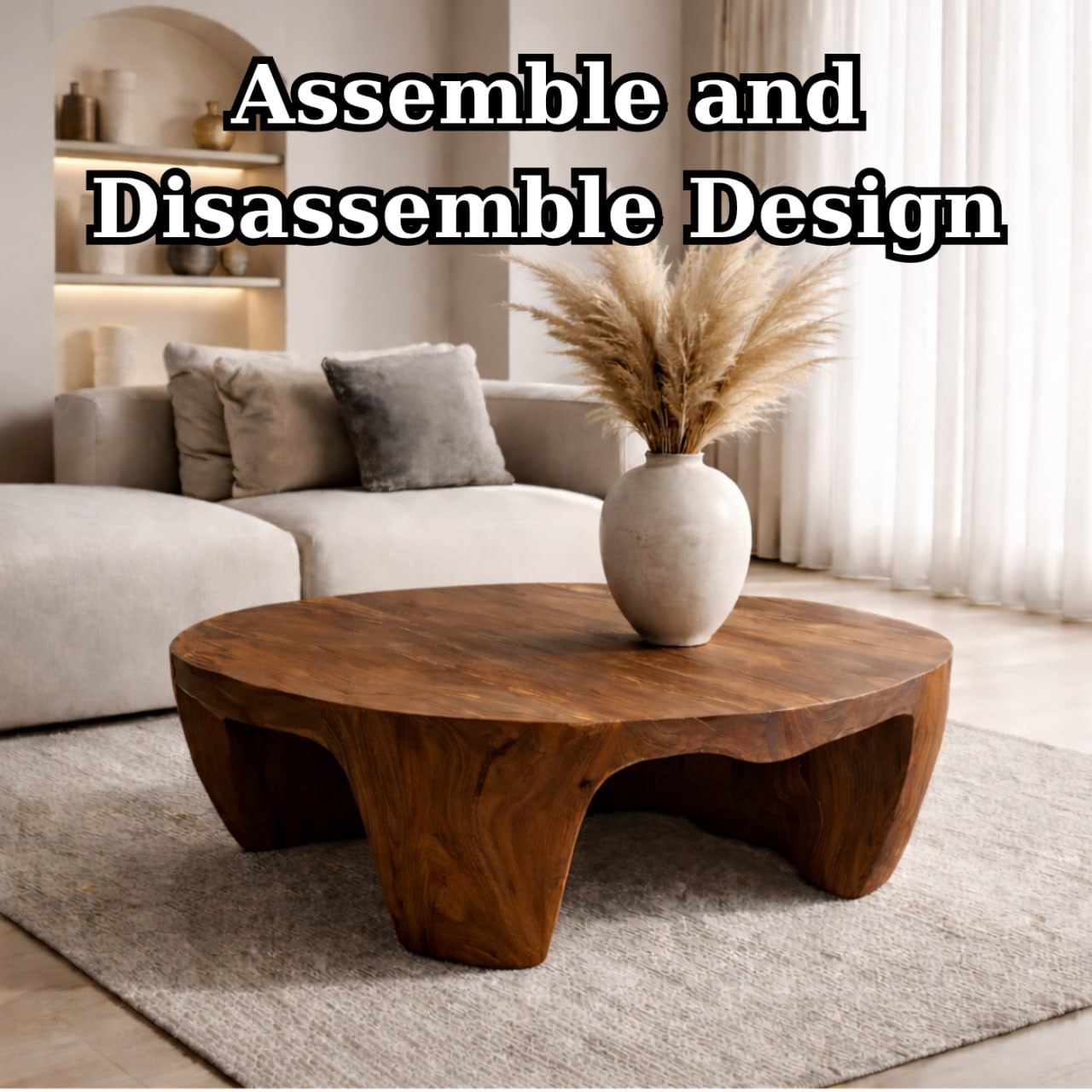 Solid Wood Round Coffee Table with Sculptural Base and Organic Carved Design