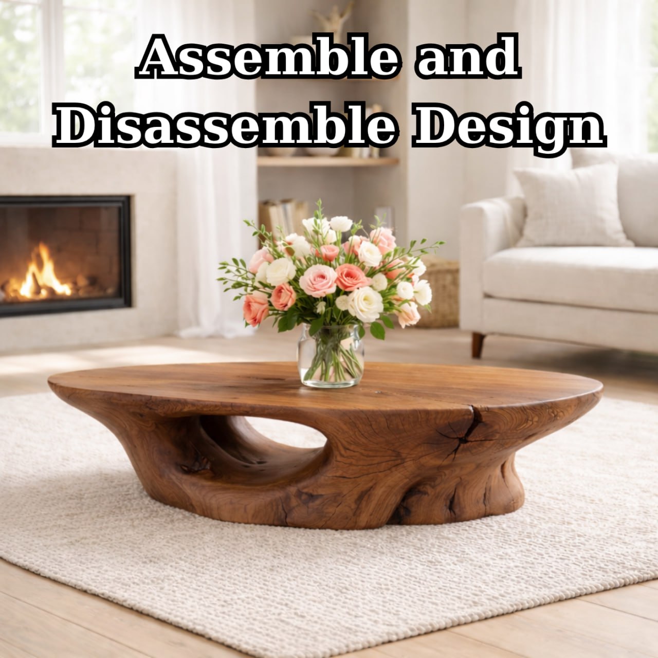 Solid Wood Coffee Table with Organic Sculpted Base and Natural Rustic Form