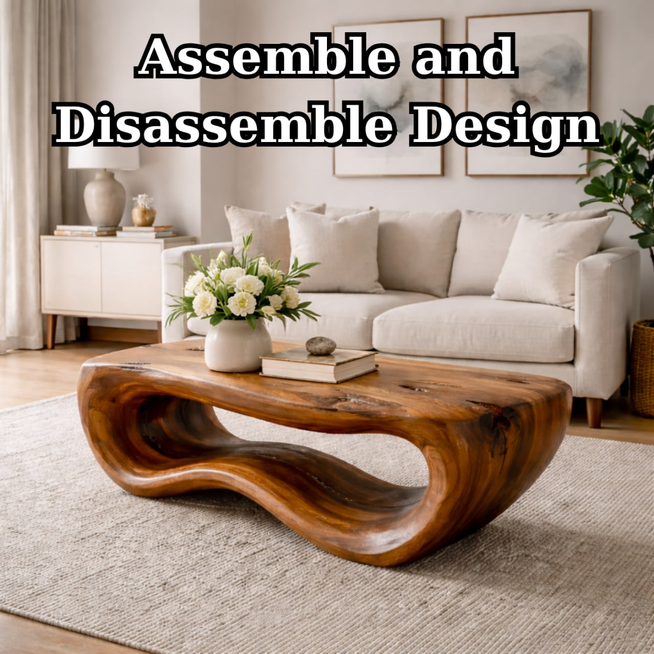Solid Wood Coffee Table with Sculptural Wave Base and Organic Hand-Carved Design