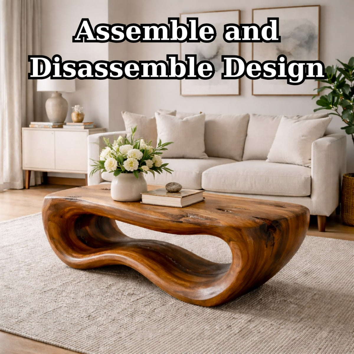 Solid Wood Coffee Table with Sculptural Wave Base and Organic Hand-Carved Design