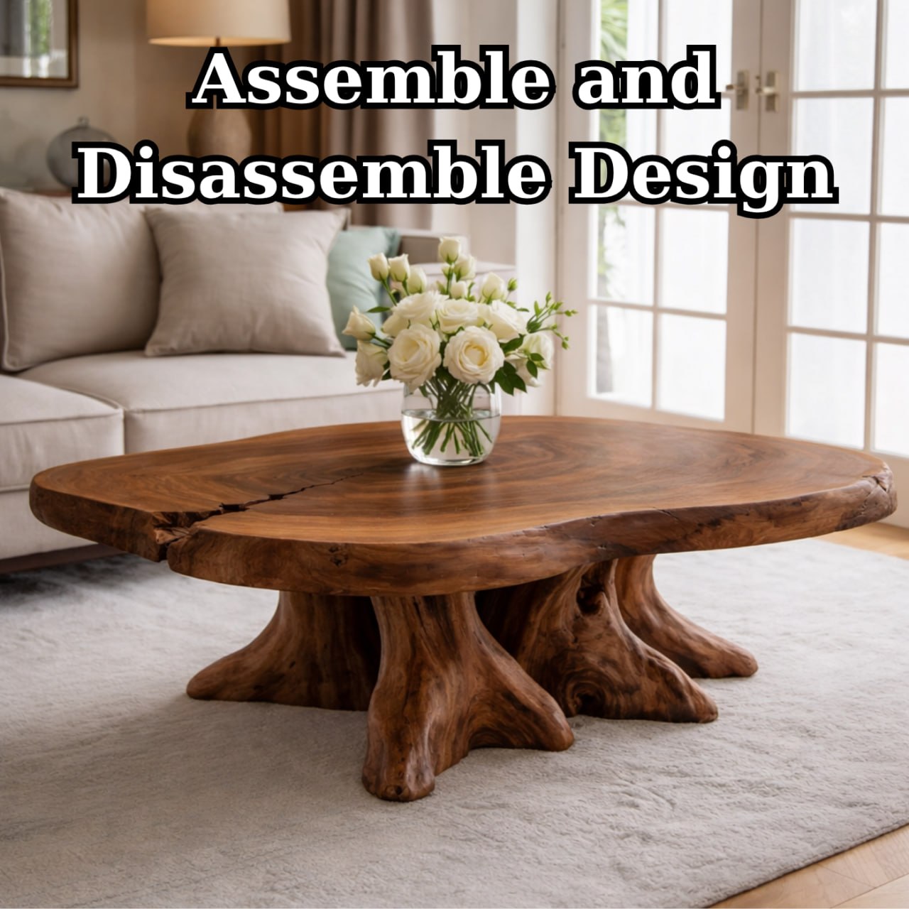 Solid Wood Live Edge Coffee Table with Tree Root Base and Natural Rustic Design
