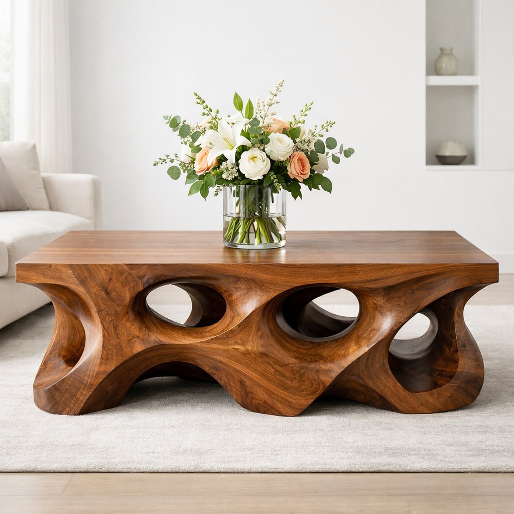 Solid Wood Coffee Table with Sculptural Hollow Base and Organic Carved Design