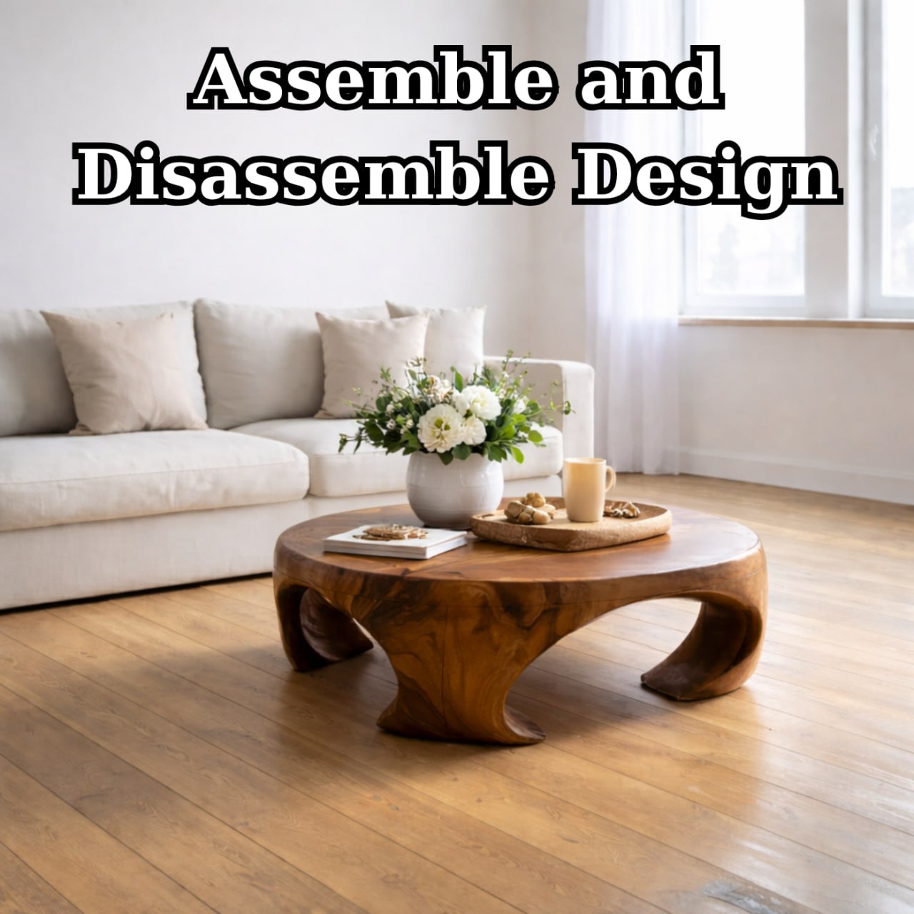 Solid Wood Round Coffee Table with Sculptural Curved Base and Organic Design