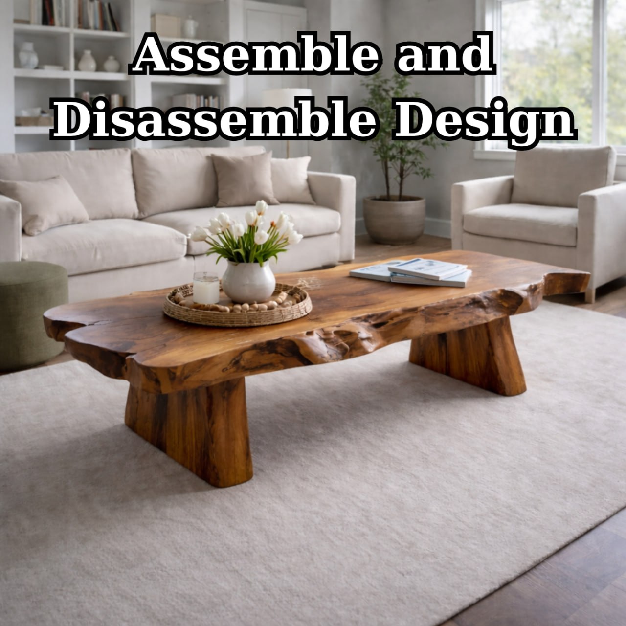 Solid Wood Live Edge Coffee Table with Rustic Slab Top and Thick Block Legs