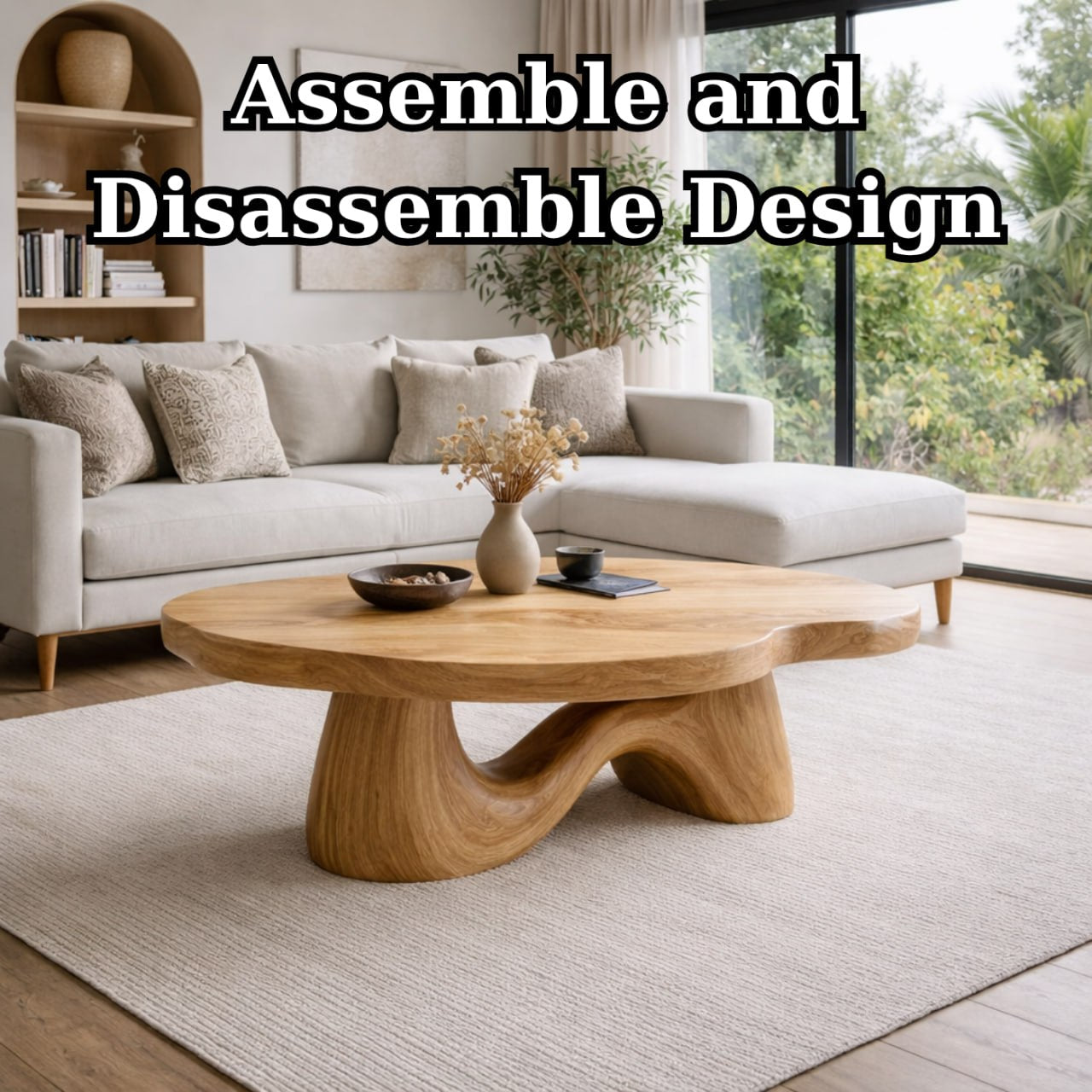 Solid Wood Coffee Table with Sculptural Wave Base and Organic Curved Design