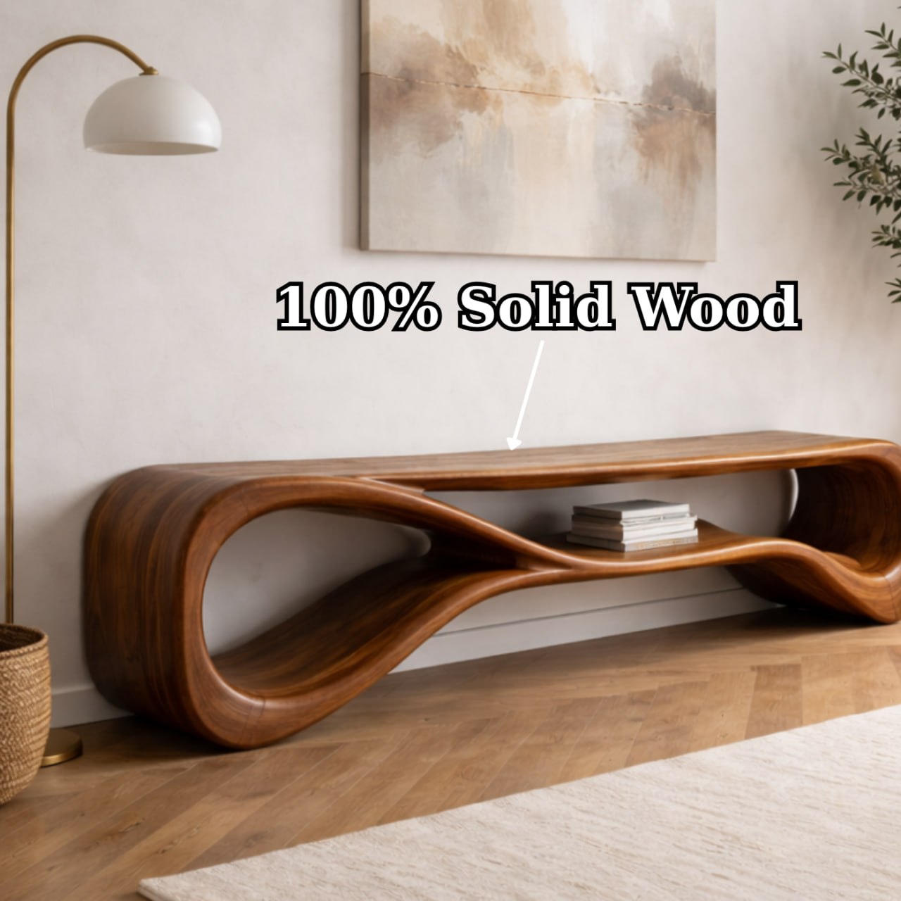 Solid Wood Entryway Bench with Sculptural Wave Design and Open Shelf Storage