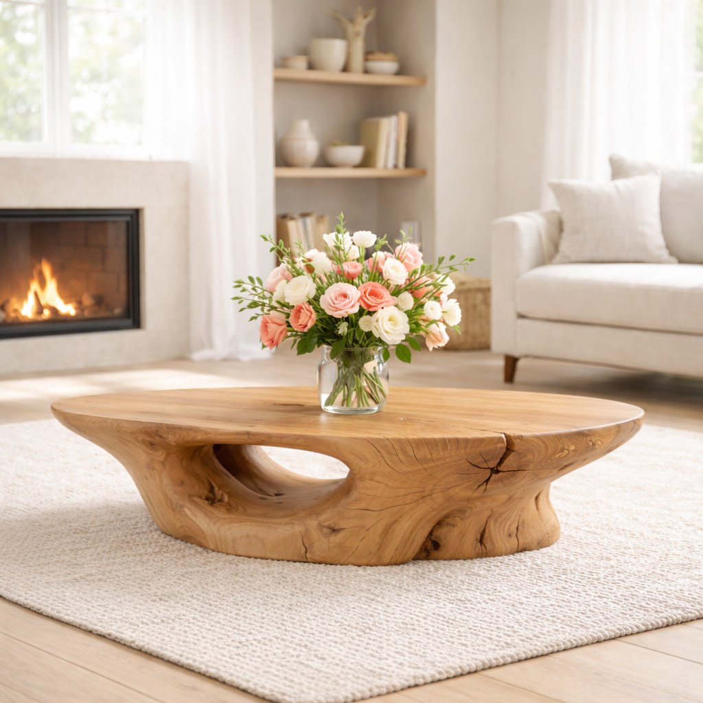 Solid Wood Coffee Table with Organic Sculpted Base and Natural Rustic Form