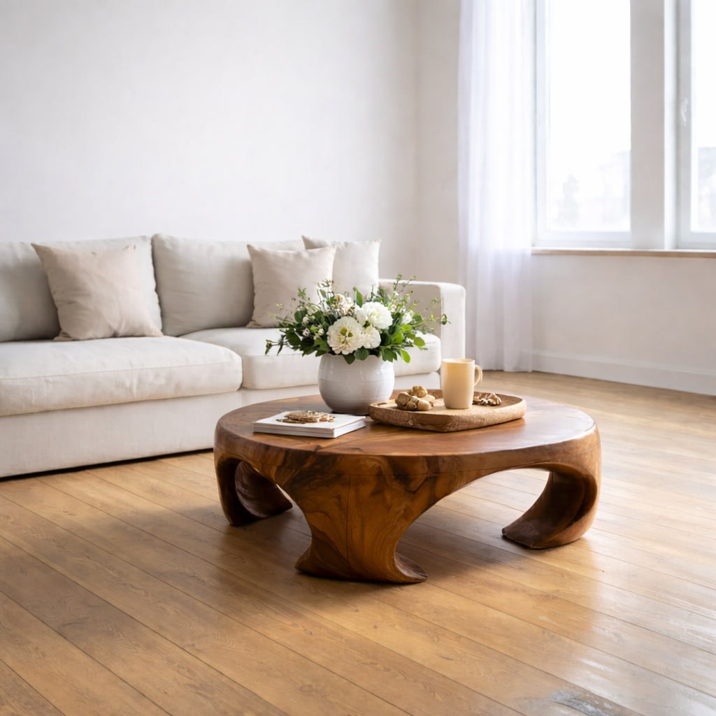 Solid Wood Round Coffee Table with Sculptural Curved Base and Organic Design