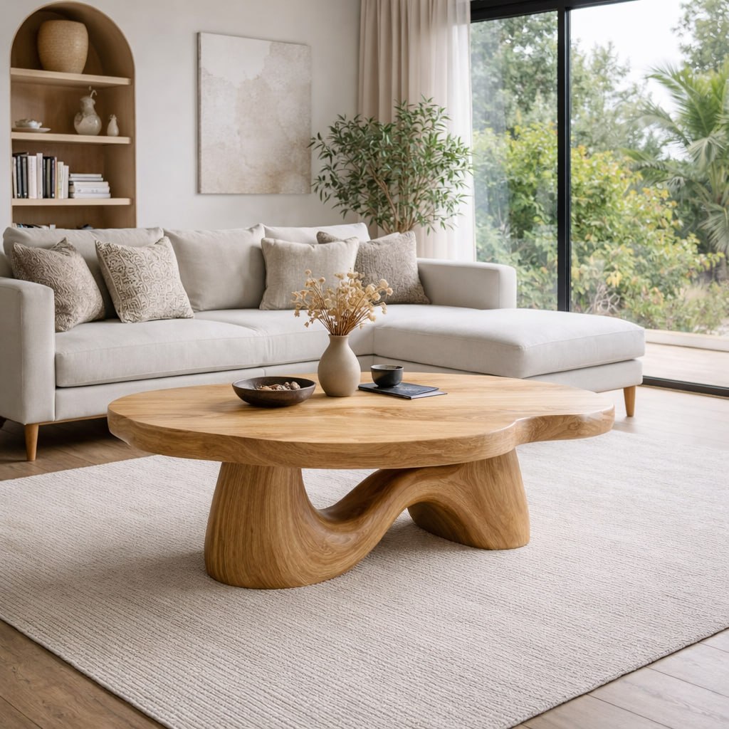 Solid Wood Coffee Table with Sculptural Wave Base and Organic Curved Design