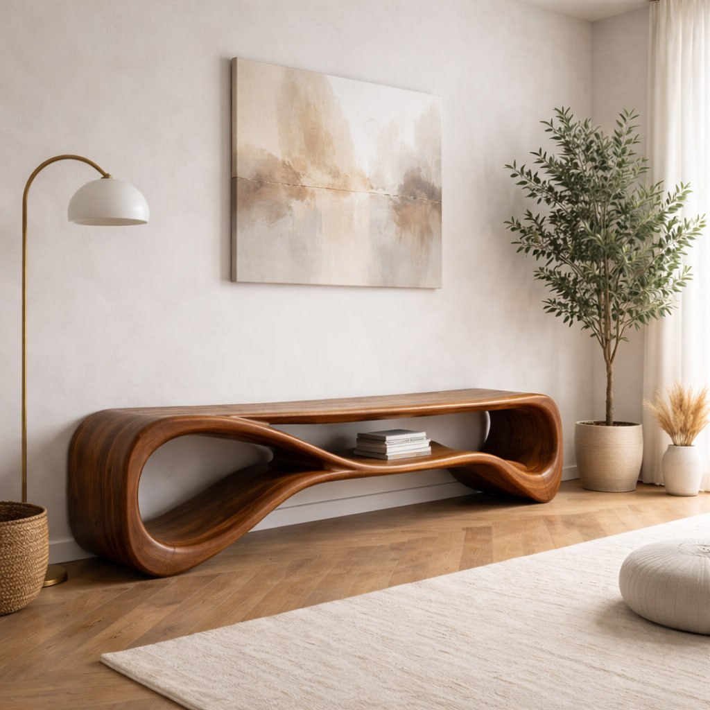 Solid Wood Entryway Bench with Sculptural Wave Design and Open Shelf Storage
