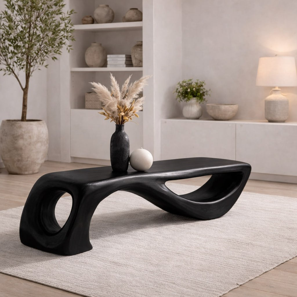 Solid Wood Sculptural Bench with Organic Curved Base and Hand-Carved Flowing Design