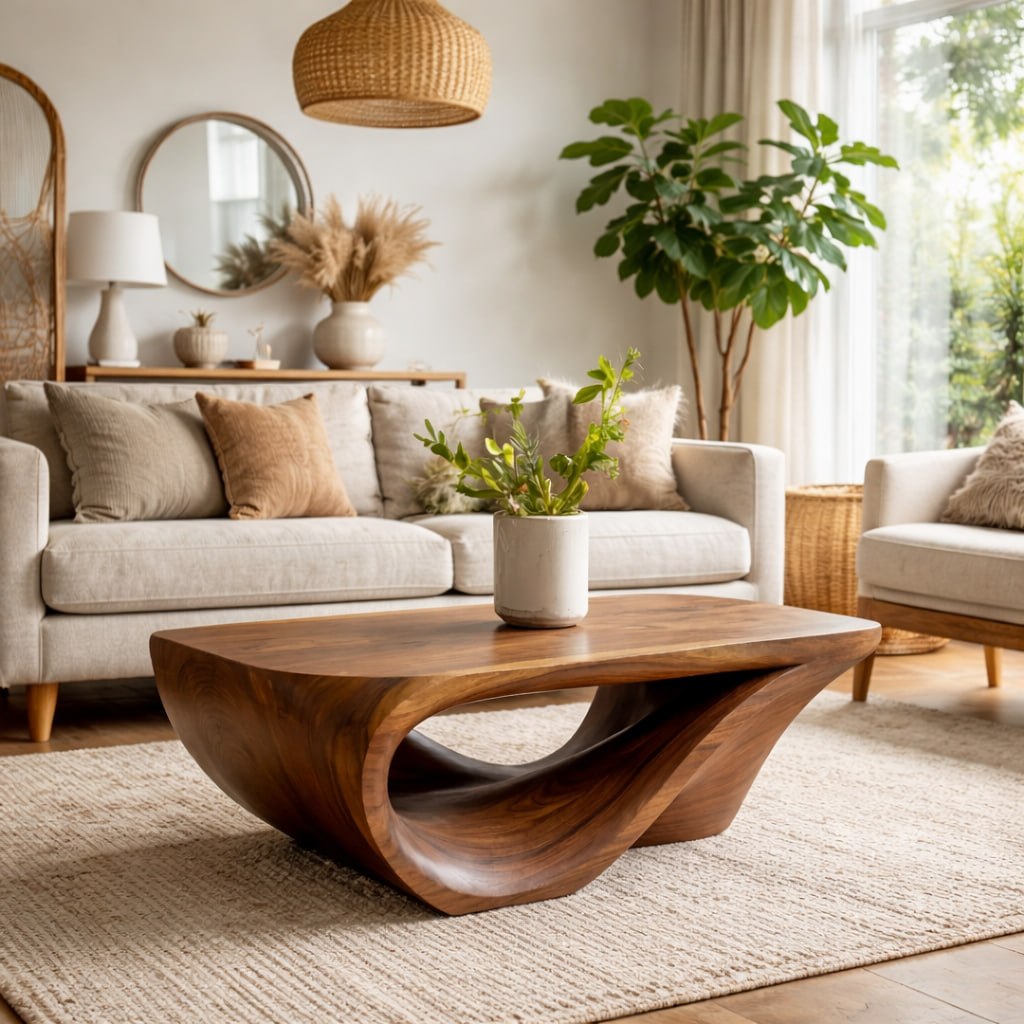 Solid Wood Coffee Table with Sculptural Organic Base and Hand-Carved Curved Design