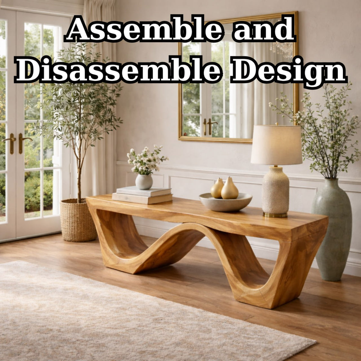 Solid Wood Entryway Bench with Sculptural Wave Base and Organic Curved Design