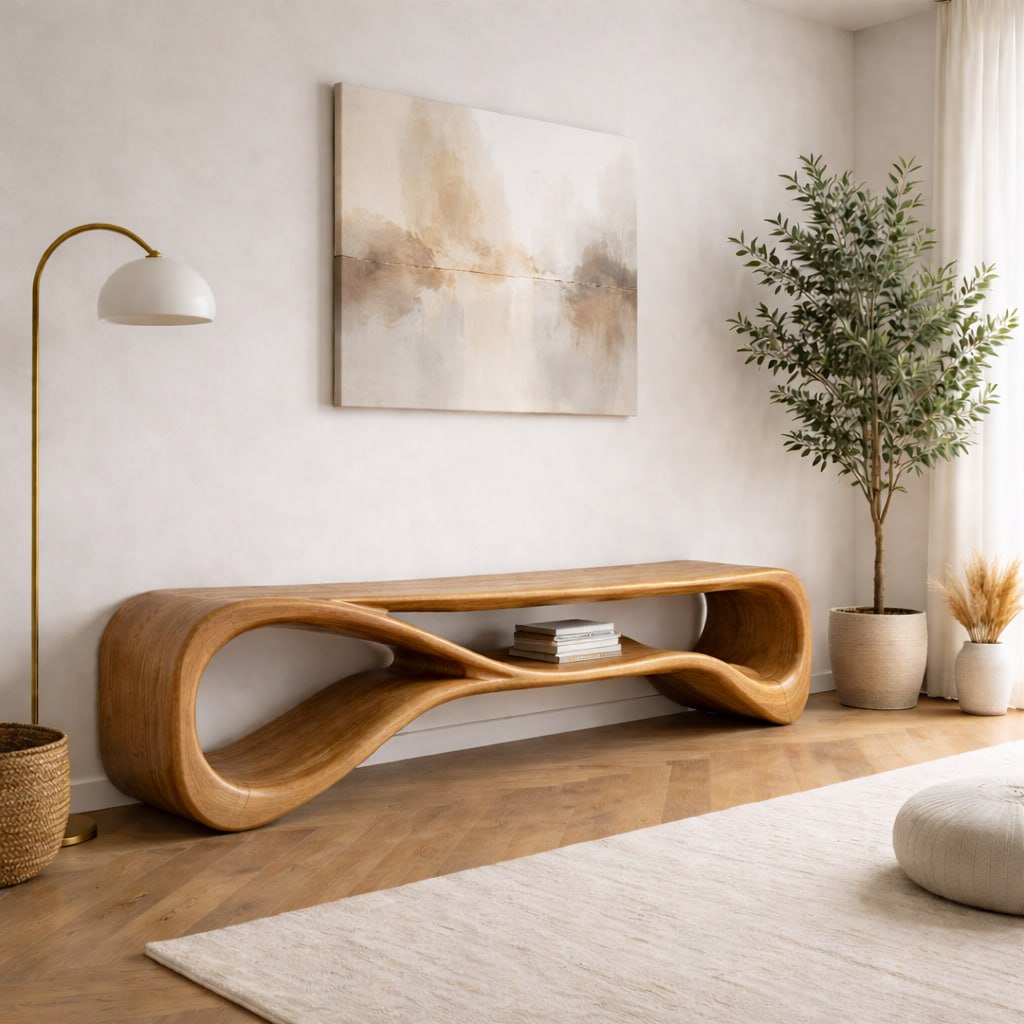 Solid Wood Entryway Bench with Sculptural Wave Design and Open Shelf Storage