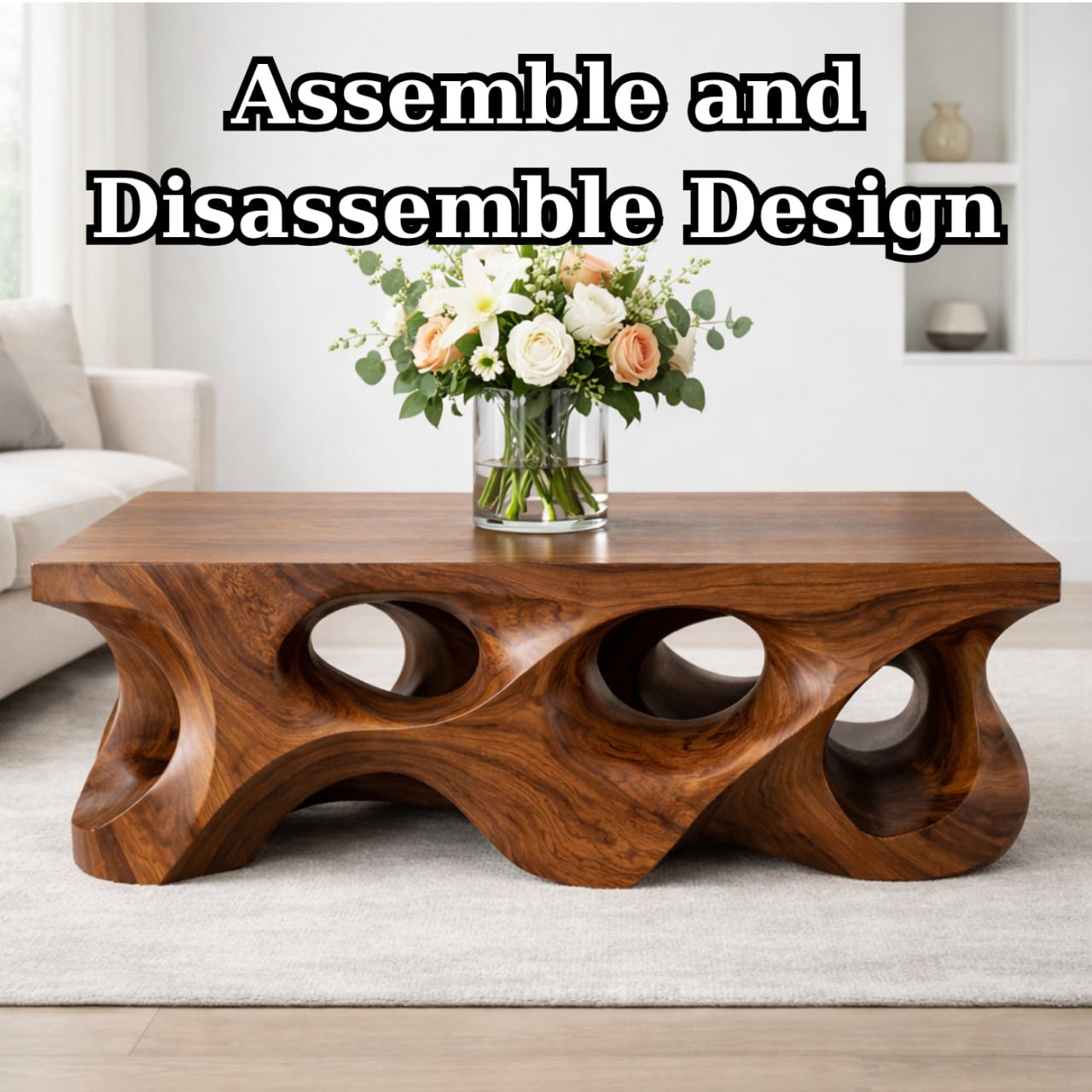 Solid Wood Coffee Table with Sculptural Hollow Base and Organic Carved Design