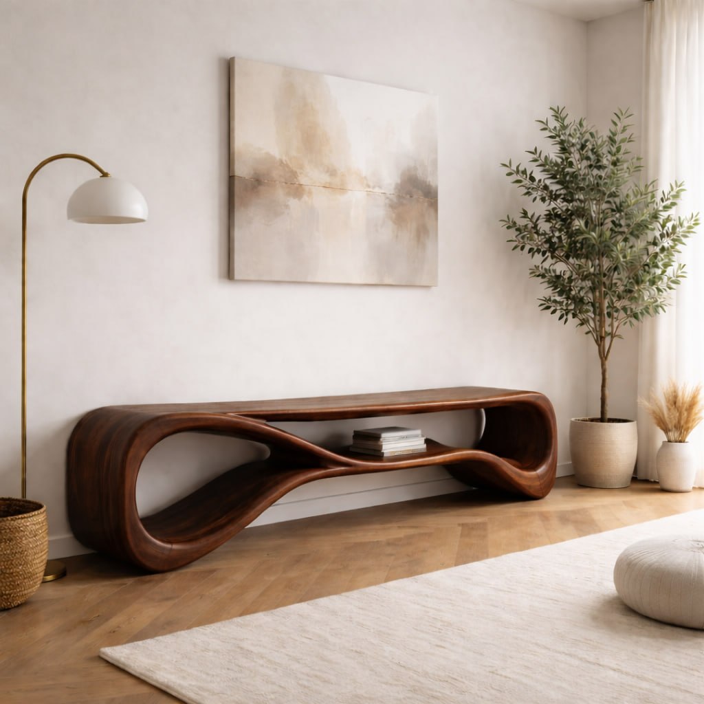 Solid Wood Entryway Bench with Sculptural Wave Design and Open Shelf Storage