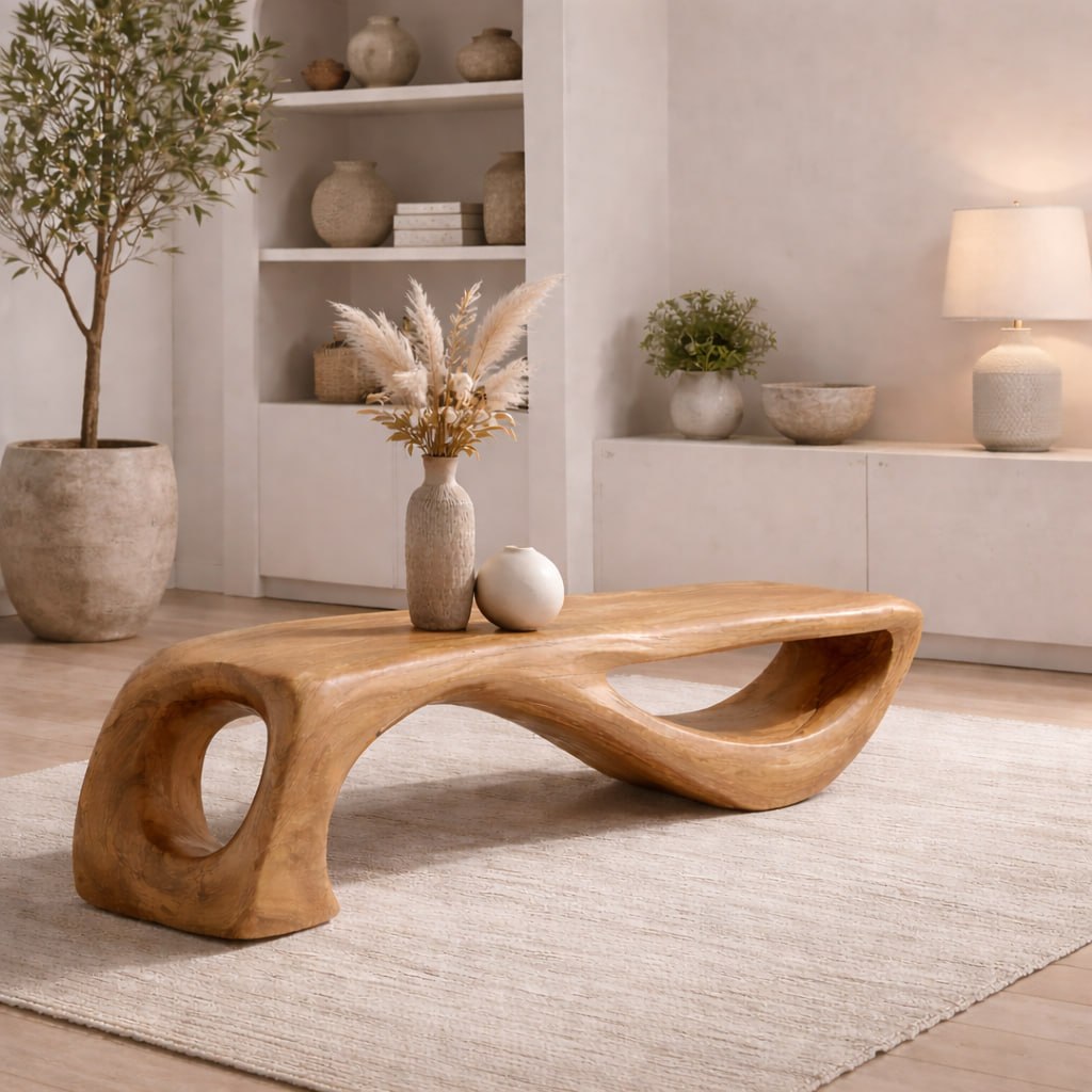 Solid Wood Sculptural Bench with Organic Curved Base and Hand-Carved Flowing Design
