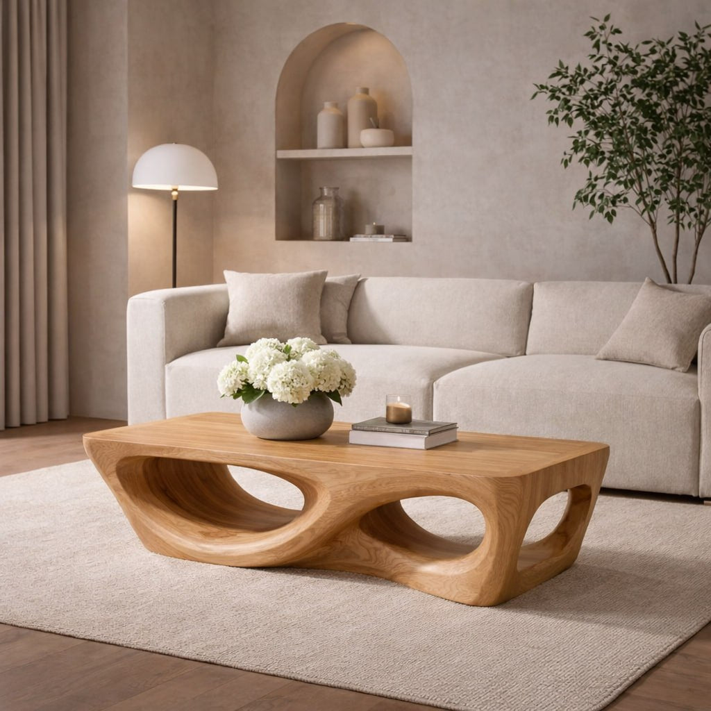 Solid Wood Coffee Table with Sculptural Hollow Base and Organic Curved Design