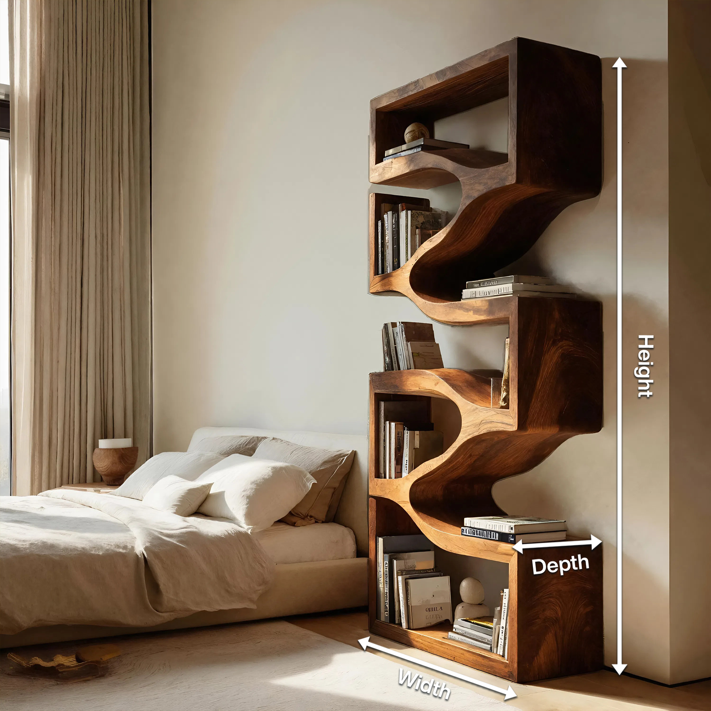 Sculptural Wooden Wall Bookcase For Modern BedRoom Kitchnce