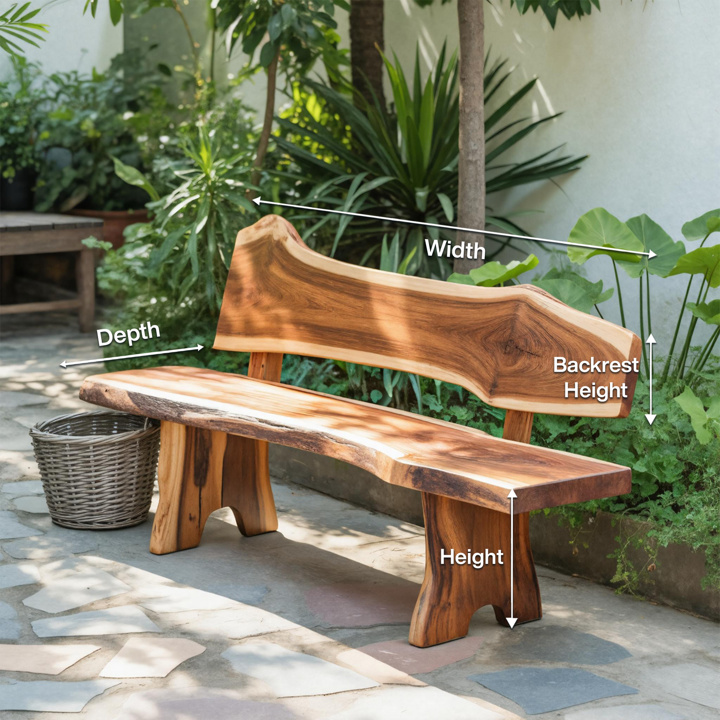 Rustic Live Edge Outdoor Bench With Curved Back For Patio Or Garden Kitchnce