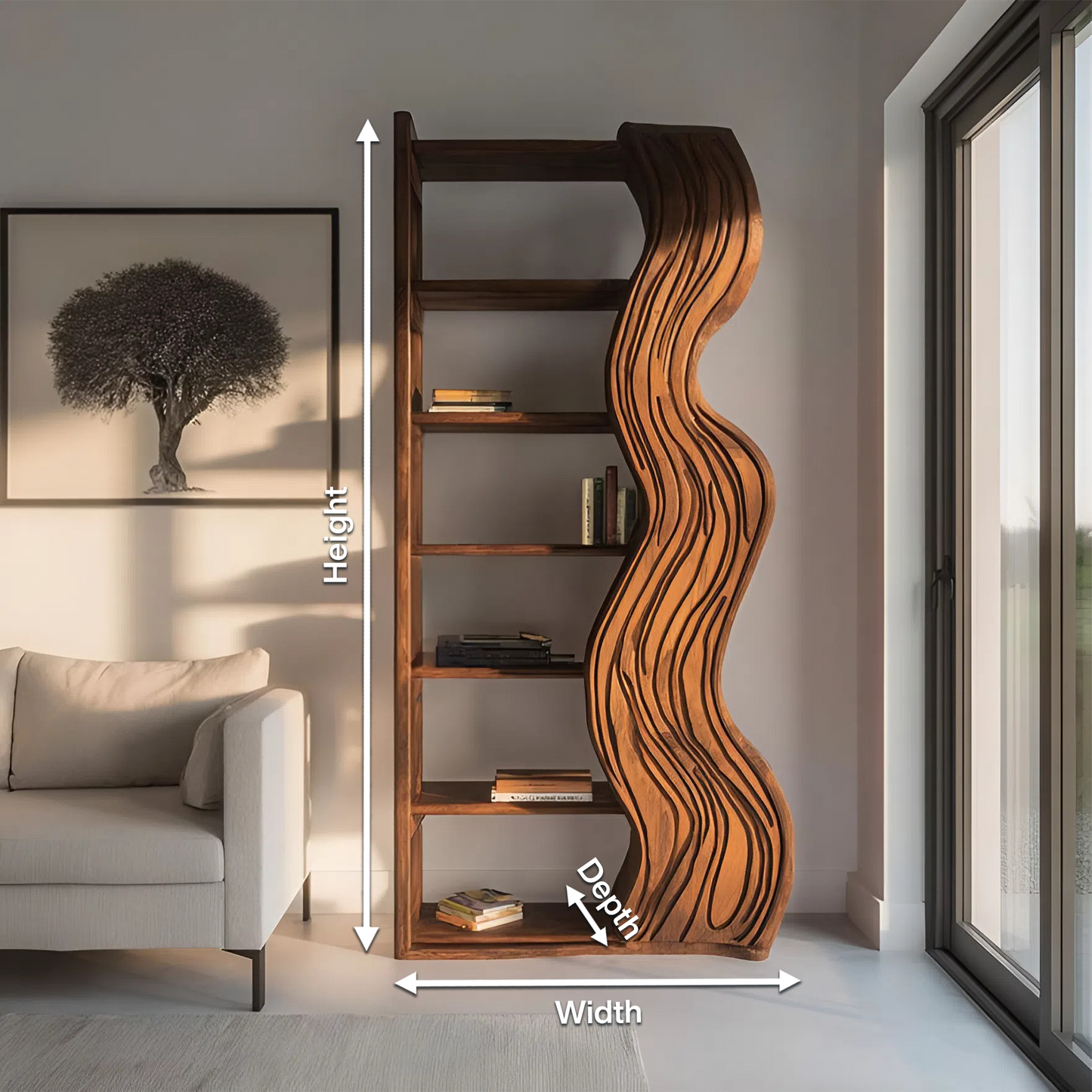Modern Bookshelf With Wave Carved Side Panel For Office Kitchnce