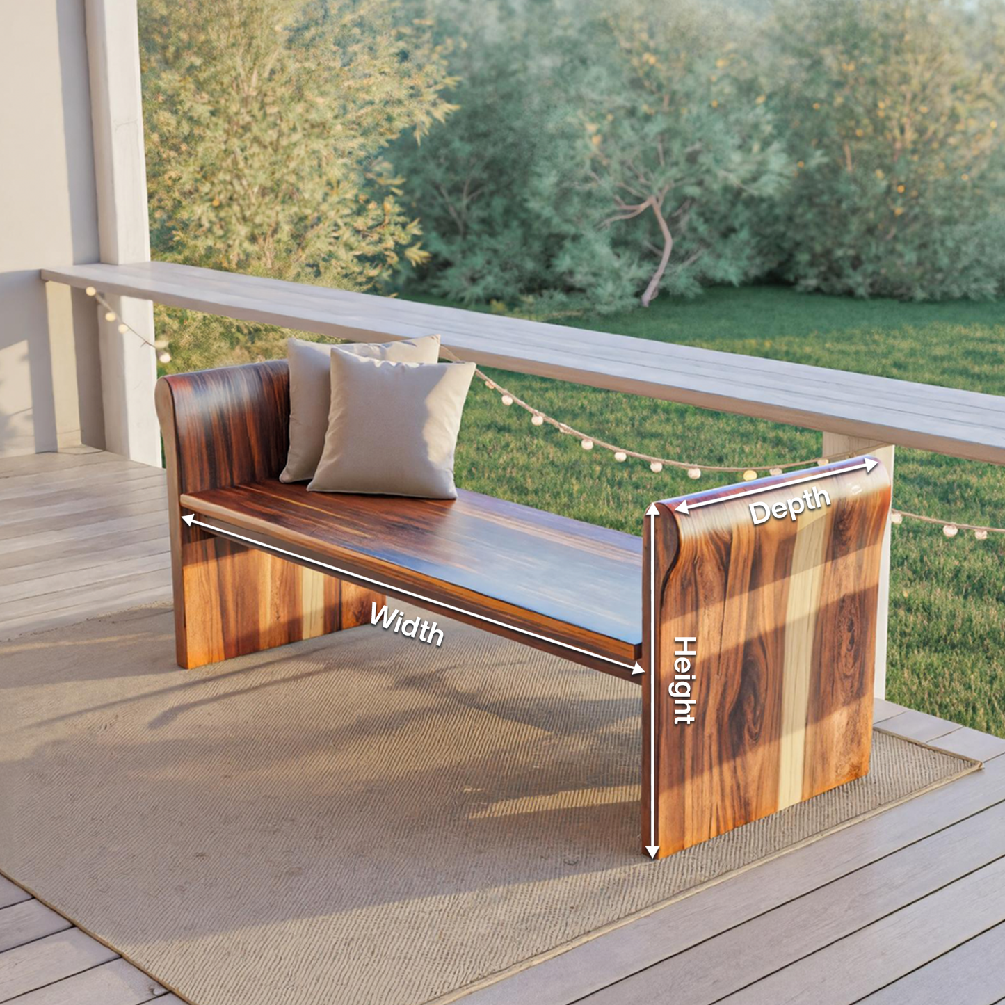 Contemporary Wood Bench With Rounded Armrests For Porch Or Garden Kitchnce