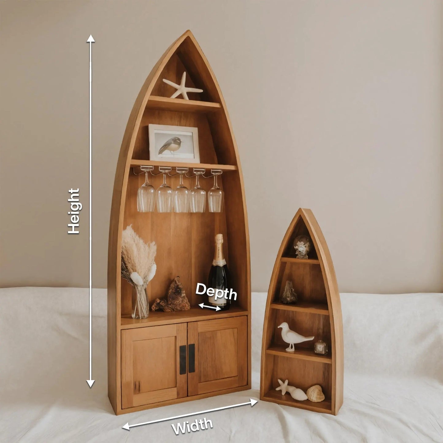 Coastal Boat Shaped Shelf With Glass Rack For Beach House And Living Room Kitchnce