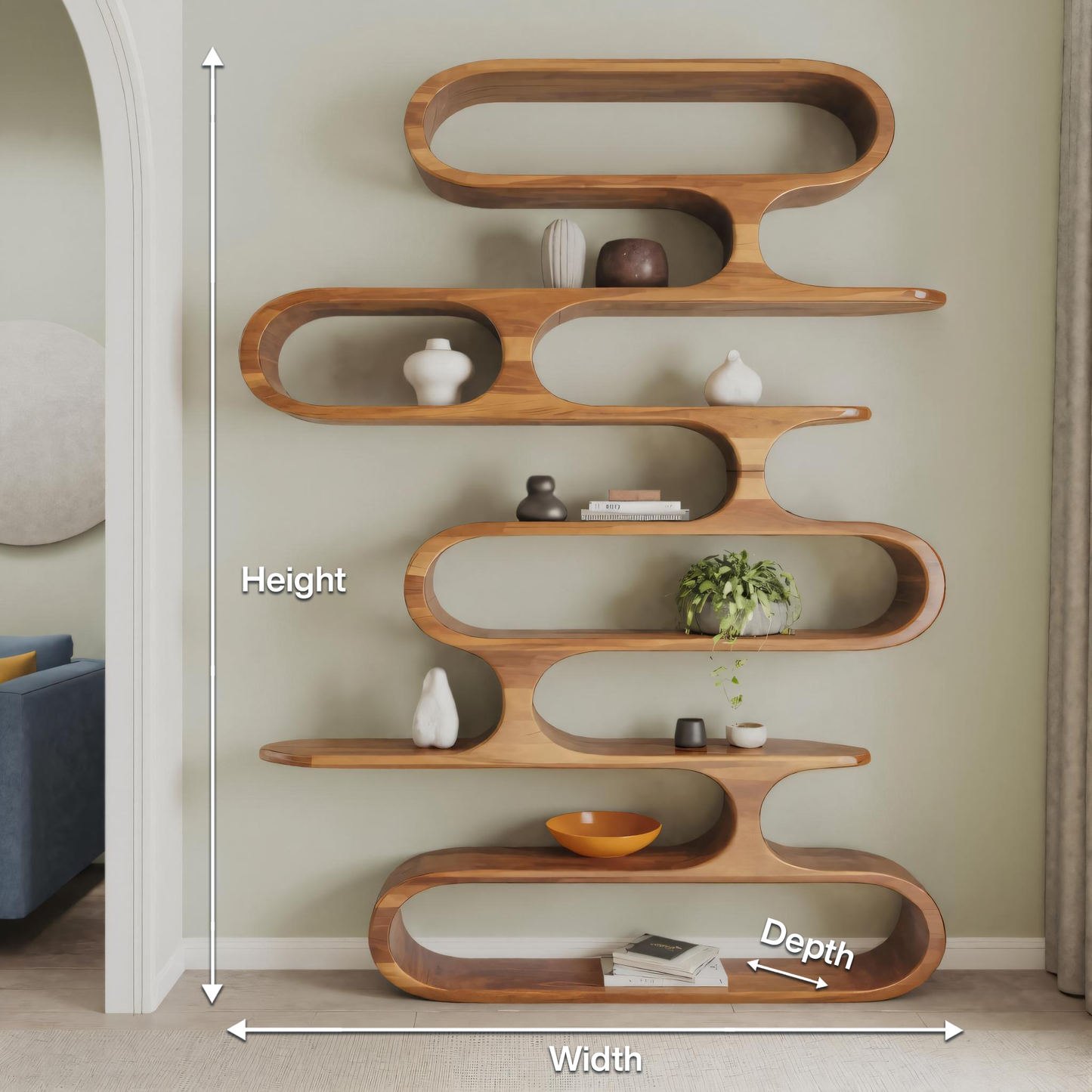 Mid Century Modern Wall Shelf With Flowing Shape For Living Room And Office Kitchnce